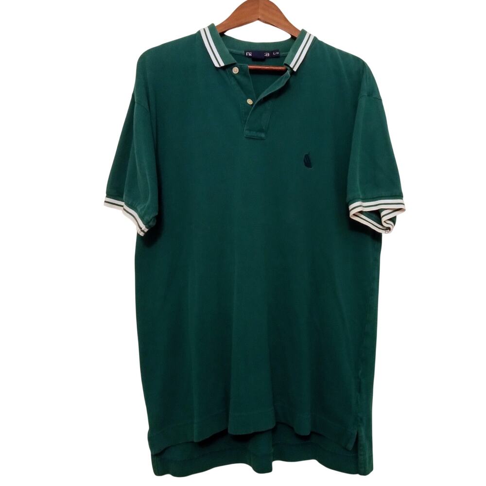 Vintage 90's Nautica Men's Polo T- Shirt Embroidered Logo Striped Collar SZ L